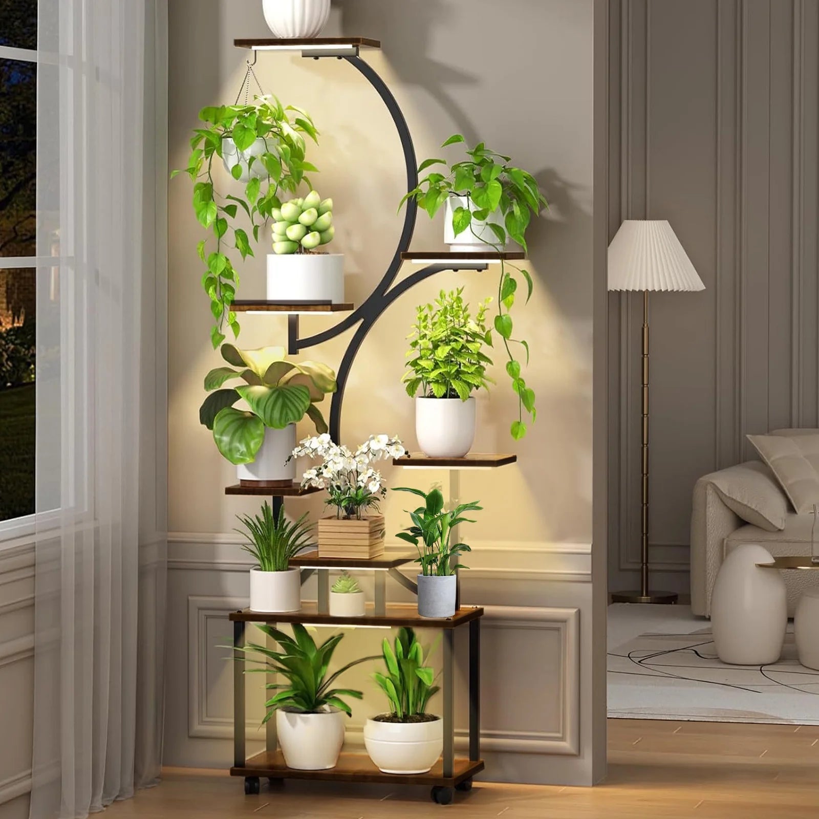 Plant Stand Indoor with Grow Lights, 8 Tiered Indoor Plant Shelf, 60" Tall Plant Stand for Indoor Plants Multiple, Metal Plant Flower Holder, S-Shaped Plant Rack for Home, Patio